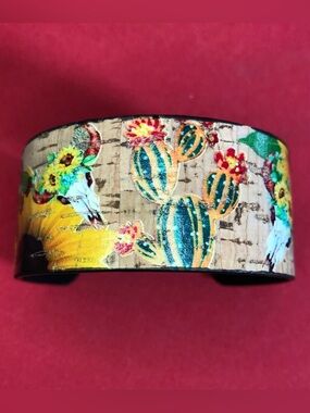 Southwest Boho Wide Cuff Bracelet Cork Longhorn Cactus Sunflower Multicolor